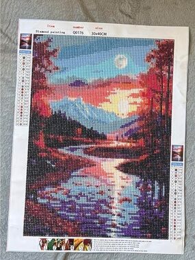 Finished Sunset Mountain River Diamond Painting - Vibrant Red, Pink, Blue